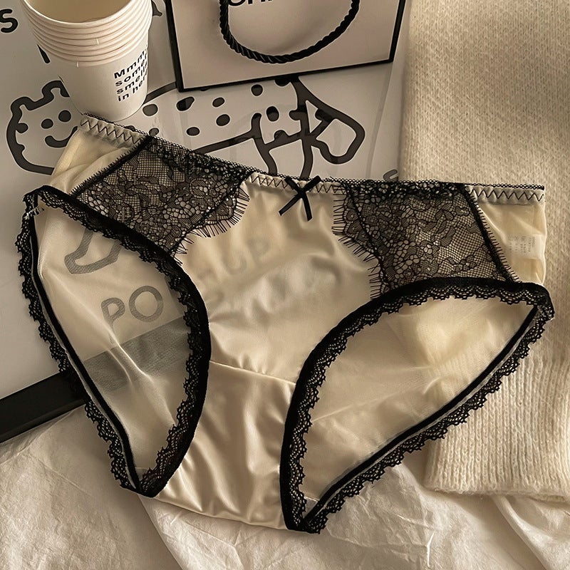 French Lace Women'S Mid-Waist Underwear French Stitching Lace Mesh Comfortable Breathable Pure Cotton Antibacterial Crotch Briefs - Image 1